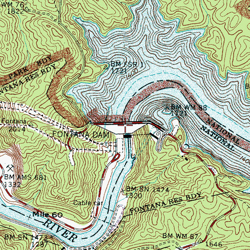 Topographic Map of Fontana Dam, NC