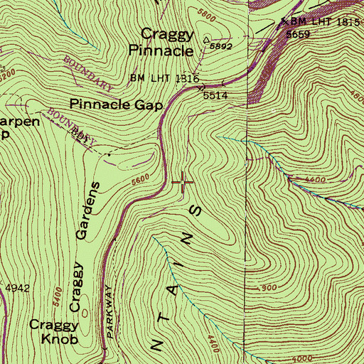 Topographic Map of Great Craggy Mountains, NC