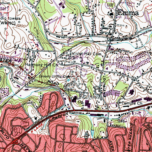 Topographic Map of Green Hills Cemetery, NC