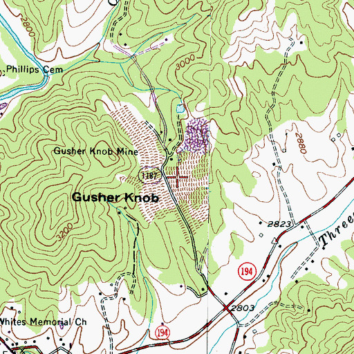 Topographic Map of Gusher Knob Mine, NC