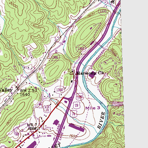 Topographic Map of Harmony Church, NC