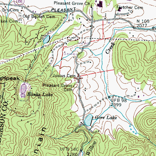 Topographic Map of Justus Cemetery, NC