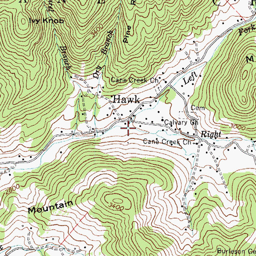 Topographic Map of Left Fork Cane Creek, NC