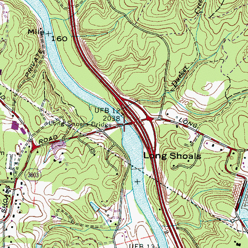 Topographic Map of Long Shoals Bridge, NC