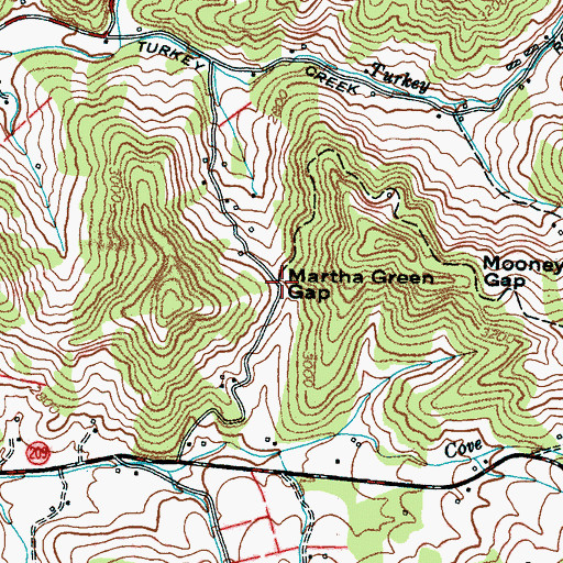 Topographic Map of Martha Green Gap, NC