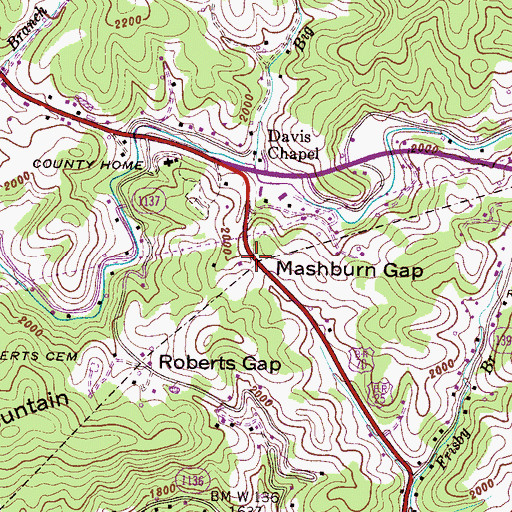 Topographic Map of Mashburn Gap, NC