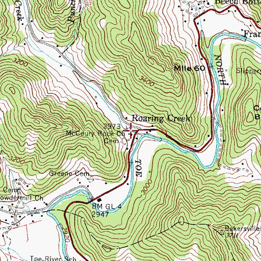 Topographic Map of McCoury Rock Church, NC