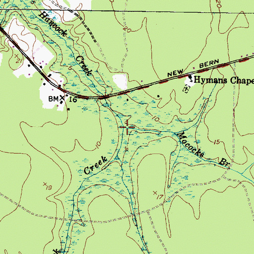Topographic Map of Mococks Branch, NC
