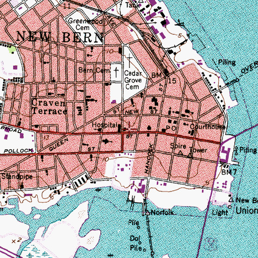 Topographic Map of New Bern, NC