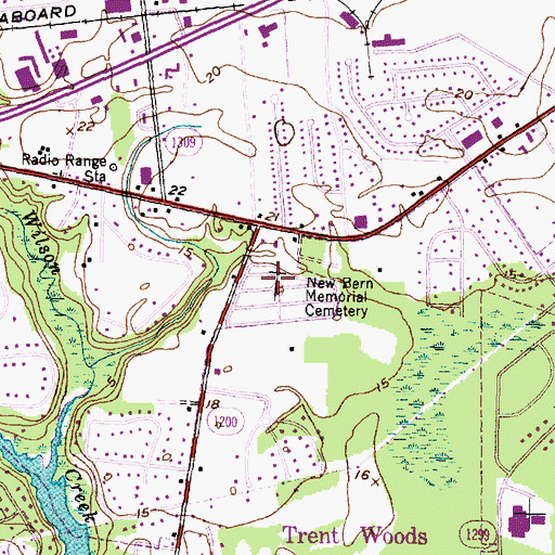 Topographic Map of New Bern Memorial Cemetery, NC