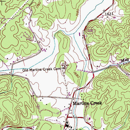 Topographic Map of Old Martins Creek Cemetery, NC
