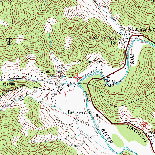 Topographic Map of Powdermill Church, NC