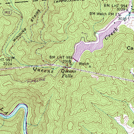 Topographic Map of Queens Falls, NC