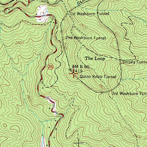 Topographic Map of Quinn Knob Tunnel, NC