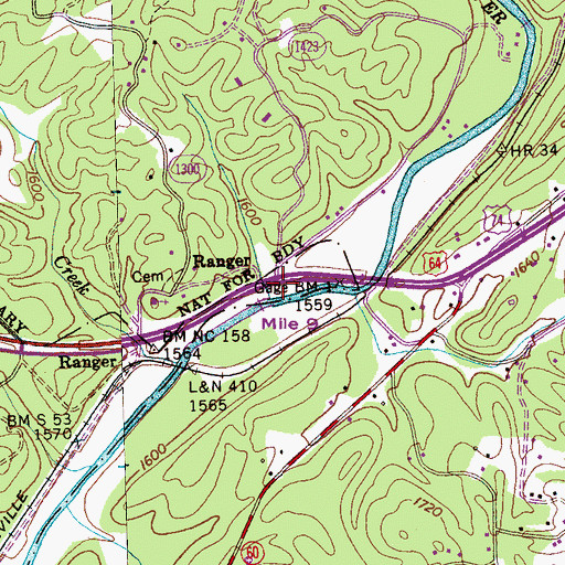Topographic Map of Ranger, NC
