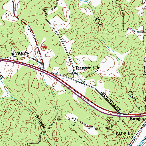 Topographic Map of Ranger Church, NC