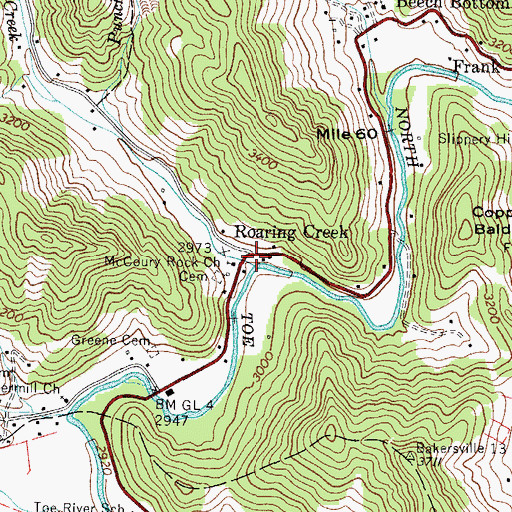 Topographic Map of Roaring Creek, NC