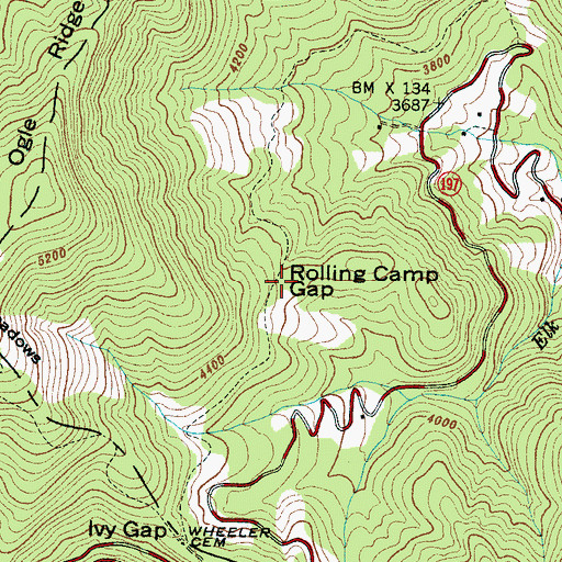 Topographic Map of Rolling Camp Gap, NC