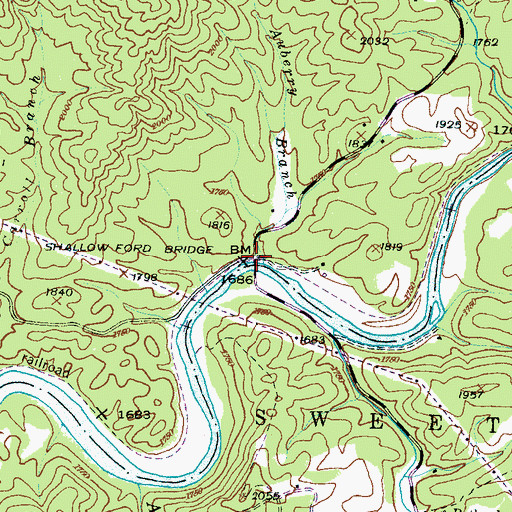 Topographic Map of Shallow Ford Bridge, NC