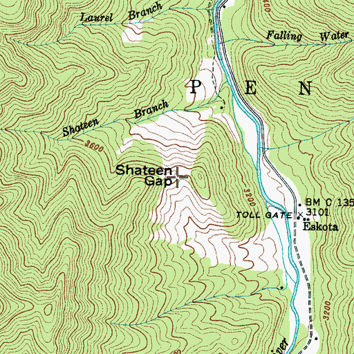 Topographic Map of Shateen Gap, NC
