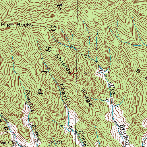Topographic Map of Shields Ridge, NC