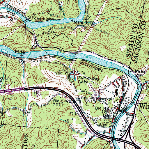 Topographic Map of Tuc-a-way Lake, NC