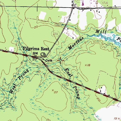Topographic Map of West Prong Mortons Mill Pond, NC