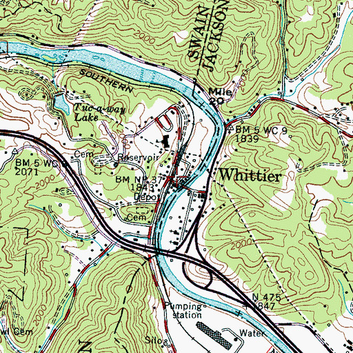 Topographic Map of Whittier, NC