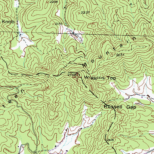 Topographic Map of Wiggins Top, NC