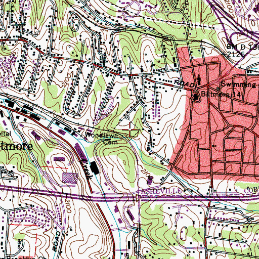 Topographic Map of Woodlawn Cemetery, NC