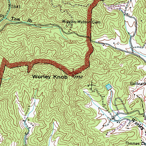 Topographic Map of Worley Knob, NC