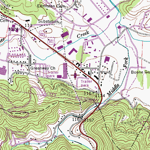Topographic Map of Watauga Village Shopping Center, NC