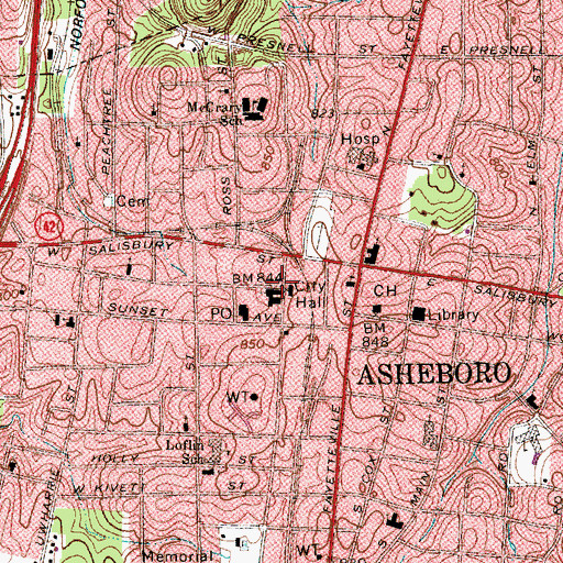 Topographic Map of Asheboro City Hall, NC