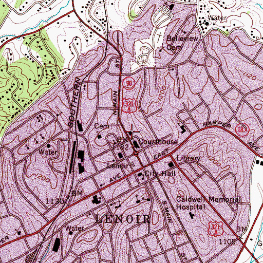 Topographic Map of Lenoir First Baptist Church, NC