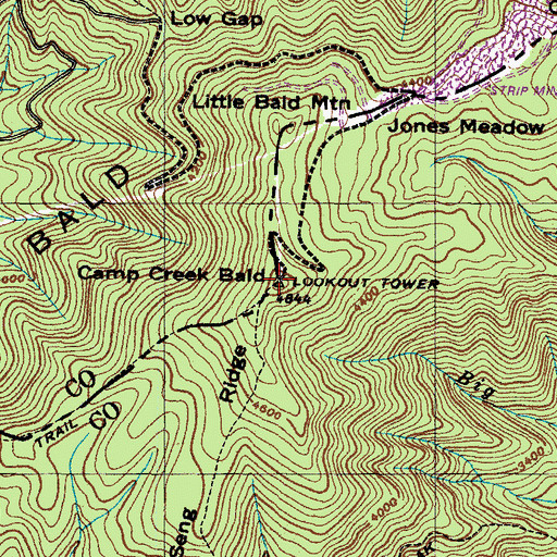 Topographic Map of Camp Creek Bald Lookout, NC