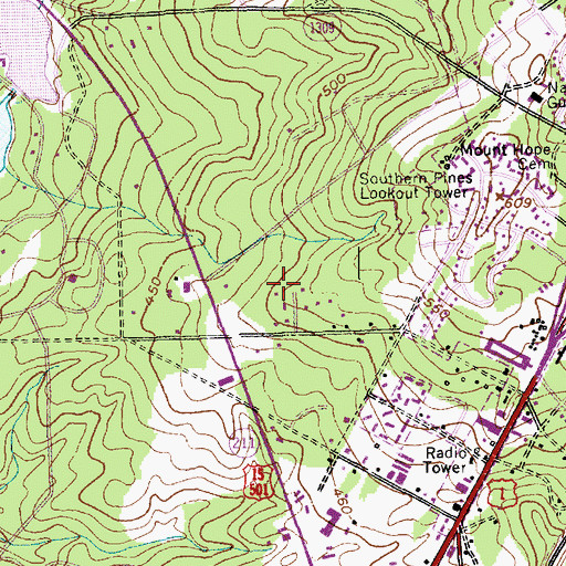 Topographic Map of WIOZ-FM (South Pines), NC
