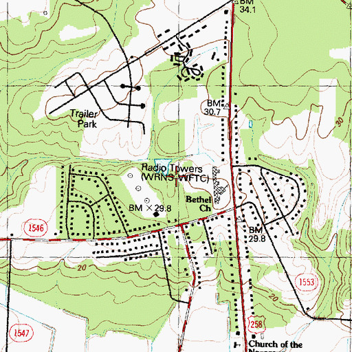 Topographic Map of WRNS-FM (Kinston), NC