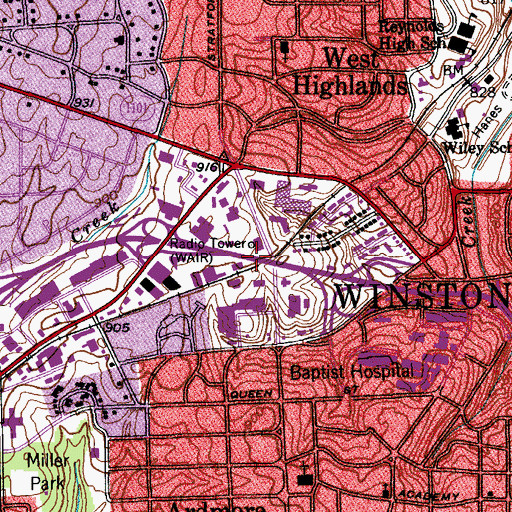 Topographic Map of WFDD-FM (Winston-Salem), NC