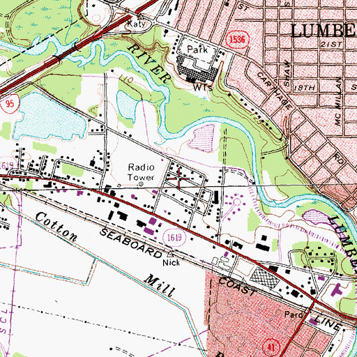 Topographic Map of WTSB-AM (Lumberton), NC