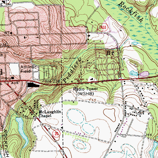 Topographic Map of WSHB-AM (Raeford), NC