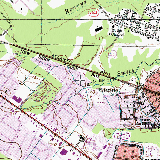 Topographic Map of WJQI-AM (New Bern), NC