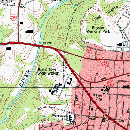Topographic Map of WOHS-AM (Shelby), NC