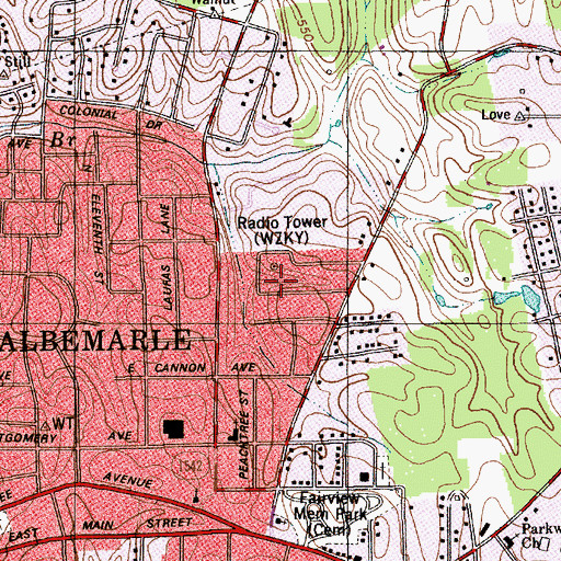 Topographic Map of WZKY-AM (Albemarle), NC