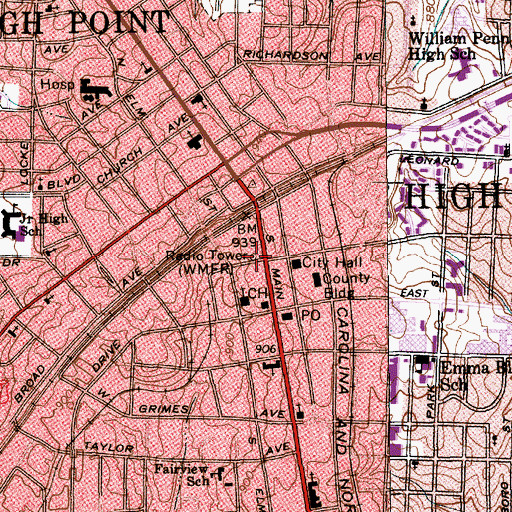 Topographic Map of WMFR-AM (High Point), NC