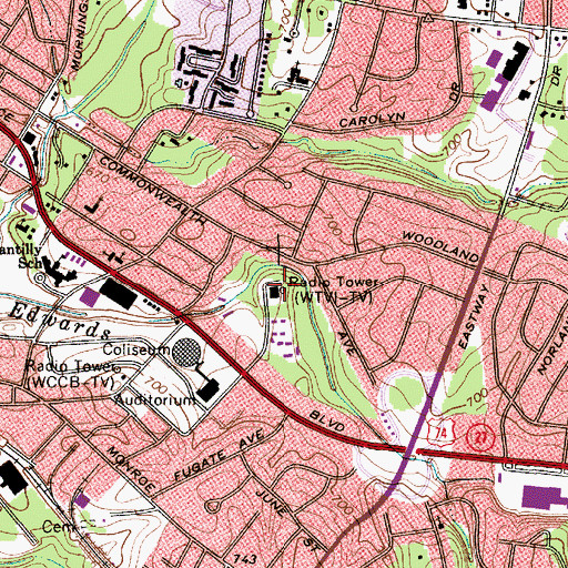 Topographic Map of WTVI-TV (Charlotte), NC