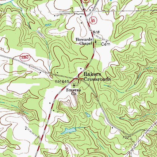 Topographic Map of Bakers Crossroads, NC