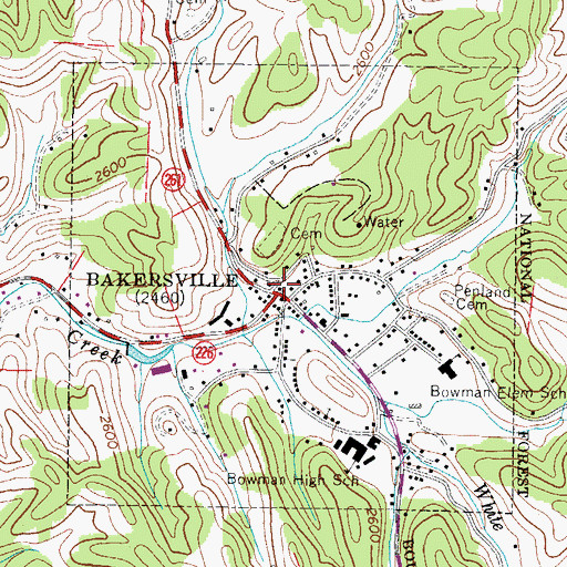 Topographic Map of Bakersville, NC