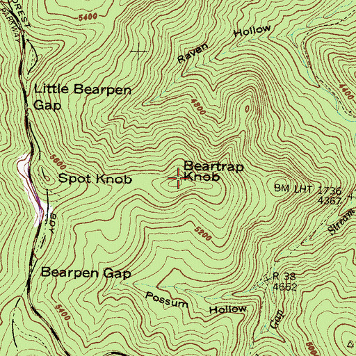Topographic Map of Beartrap Knob, NC
