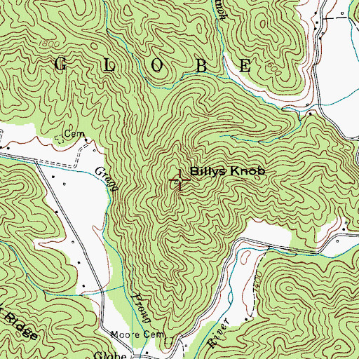 Topographic Map of Billys Knob, NC