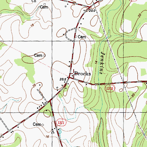 Topographic Map of Brocks, NC